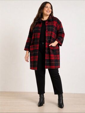 Eloquii Plaid Wool Blend Car Coat Red Tartan  Jacket Size 26/28 Plus